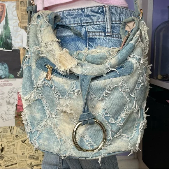 Distressed Patchwork Denim Crossbody Bag - Picture 3 of 8